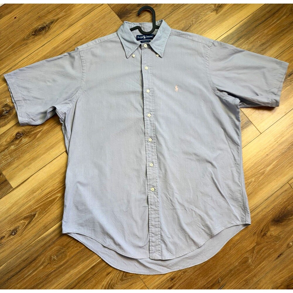 Vintage Ralph Lauren Large Lilac Periwinkle Mens Short Sleeve Shirt Pink Pony L